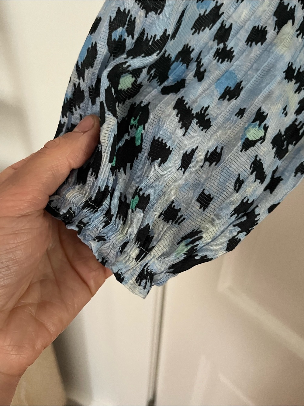 LOFT Blue and Black Leopard-Print Button Henley Blouse - Picture 3 of 7